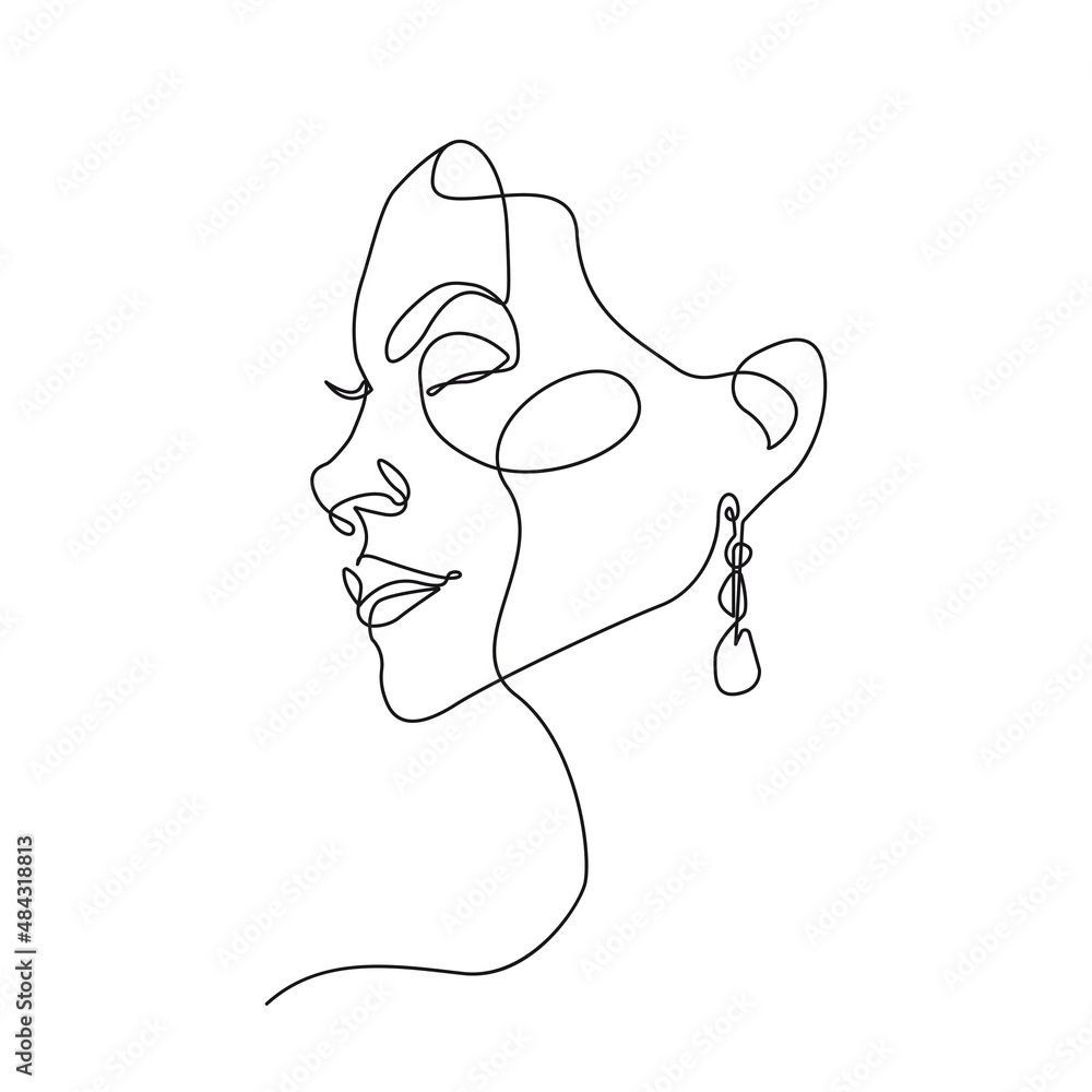 Woman Head Line Art Drawing. Abstract Female Head One Line Drawing for