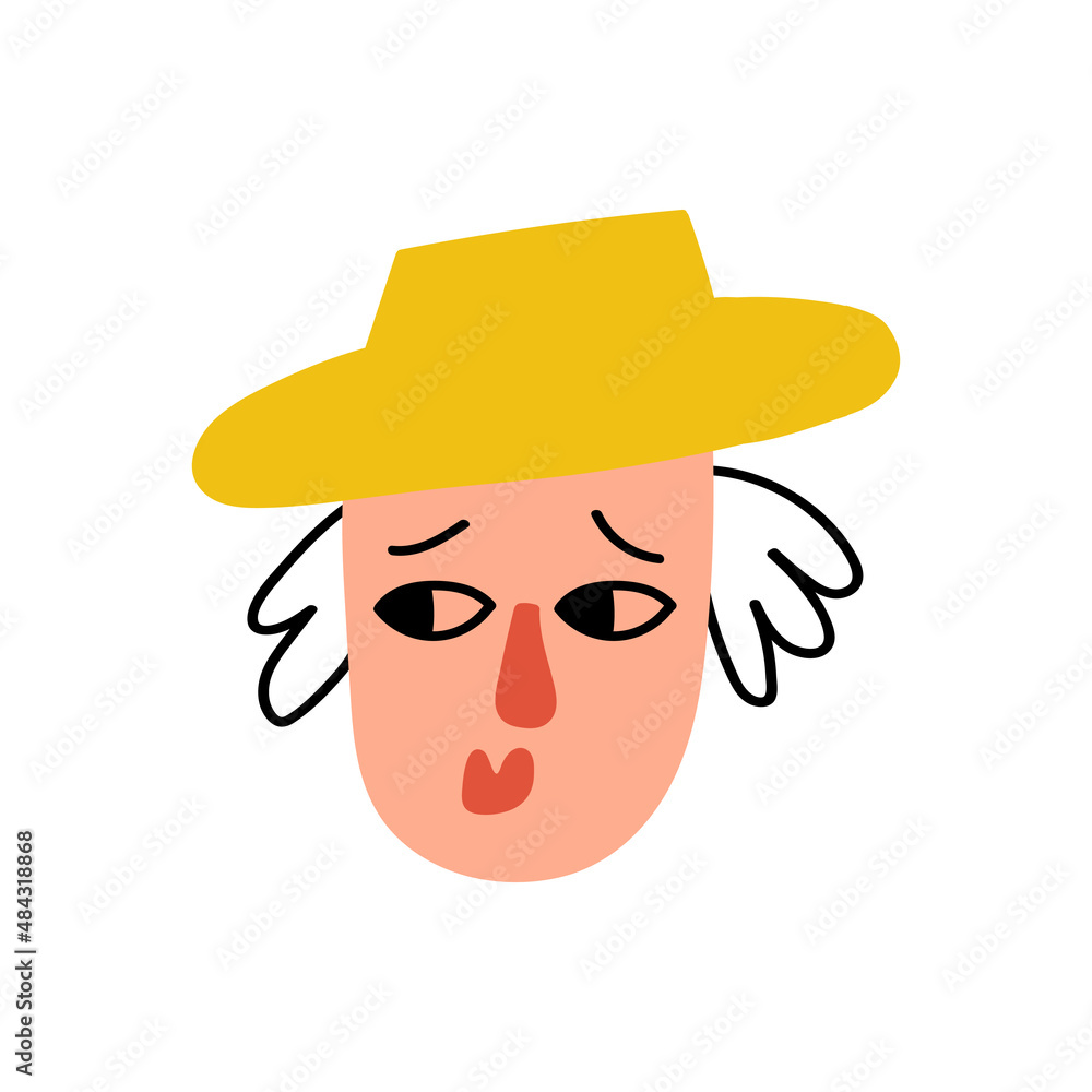 Hand drawn face of a young woman character wearing a hat isolated on a white background. Trendy funny cartoon female head. Colorful people avatar. Vector illustration