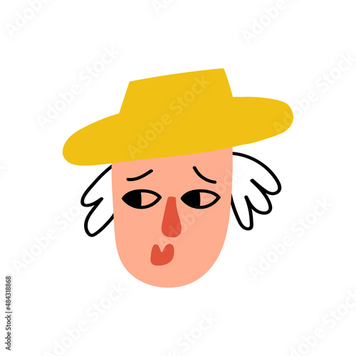 Hand drawn face of a young woman character wearing a hat isolated on a white background. Trendy funny cartoon female head. Colorful people avatar. Vector illustration