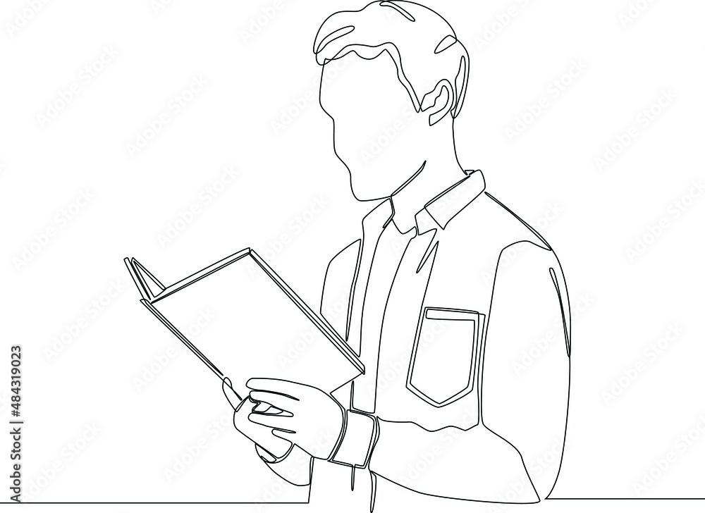 Male read a book one line drawing. Continuous hand drawn minimalist minimalism design isolated on white background vector illustration. Male read a book one line drawing. Continuous hand drawn minimalist minimalism design isolated on white background vector illustration.