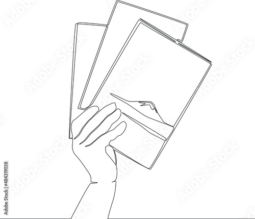 image of a book held in hand. Drawing by continuous line. Vector illustrations.