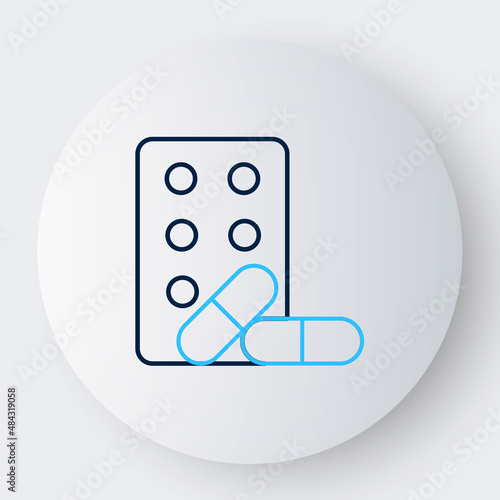 Line Sports doping, anabolic drugs with dumbbell icon isolated on white background. Anabolic steroids tablet. Pills in jar. Colorful outline concept. Vector