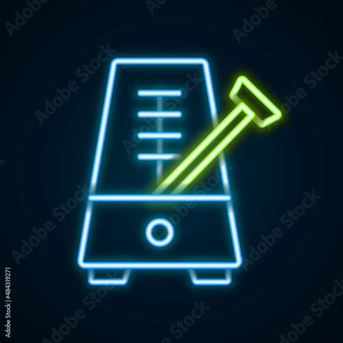 Glowing neon line Classic Metronome with pendulum in motion icon isolated on black background. Equipment of music and beat mechanism. Colorful outline concept. Vector