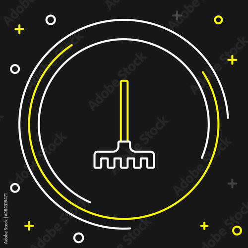 Line Garden rake icon isolated on black background. Tool for horticulture, agriculture, farming. Ground cultivator. Housekeeping equipment. Colorful outline concept. Vector