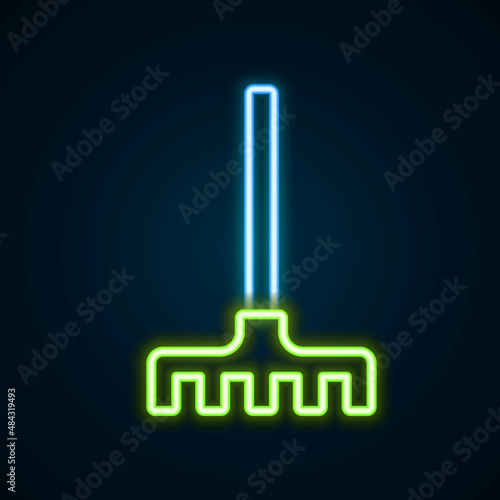 Glowing neon line Garden rake icon isolated on black background. Tool for horticulture, agriculture, farming. Ground cultivator. Housekeeping equipment. Colorful outline concept. Vector