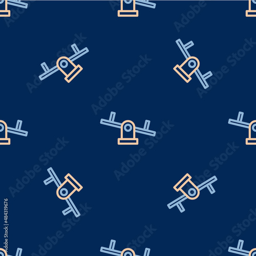 Line Seesaw icon isolated seamless pattern on blue background. Teeter equal board. Playground symbol. Vector