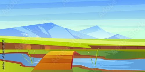 Cartoon nature landscape wooden bridge over the river or creek  green field with grass and rocks under blue clear sky. Picturesque scenery background  natural tranquil scene  Vector illustration