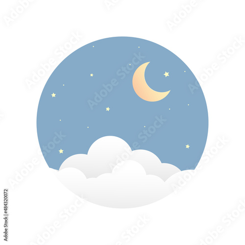 night sky with stars and moon. paper art style. Dreamy background with moon stars and clouds, abstract fantasy background. Half moon, stars and clouds on the dark night sky background.