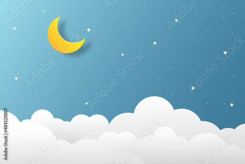night sky with stars and moon. paper art style. Dreamy background with moon stars and clouds, abstract fantasy background. Half moon, stars and clouds on the dark night sky background.