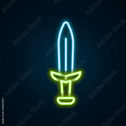 Glowing neon line Medieval sword icon isolated on black background. Medieval weapon. Colorful outline concept. Vector