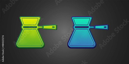 Green and blue Coffee turk icon isolated on black background. Coffee cezve. Vector