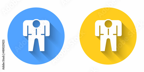 White Beekeeper costume icon isolated with long shadow background. Special protective uniform. Circle button. Vector