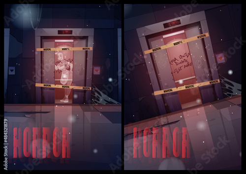 Horror banner with ghost stand in broken elevator. Haunted house with creepy spook woman inside of lift. Scary old building with dead spirit inside, halloween scene, movie Cartoon vector illustration