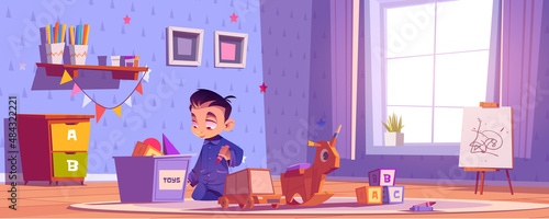Child playing in room, little boy sit on floor with pencil in hand prepare for painting or drawing, Baby having fun at home interior with toys, furniture and wide window, Cartoon vector illustration