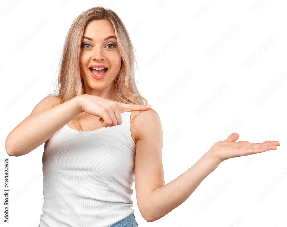 Young woman pointing at your product isolated on white background Young woman pointing at your product isolated on white background