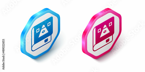 Isometric Ancient magic book with alchemy recipes and mystic spells and enchantments icon isolated on white background. Hexagon button. Vector