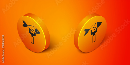 Isometric Dried fish icon isolated on orange background. Orange circle button. Vector