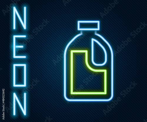 Glowing neon line Plastic bottle for laundry detergent, bleach, dishwashing liquid or another cleaning agent icon isolated on black background. Colorful outline concept. Vector