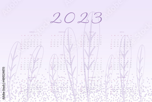 2023 calendar trendy very peri lavender palette with hand drawn botanical elements.