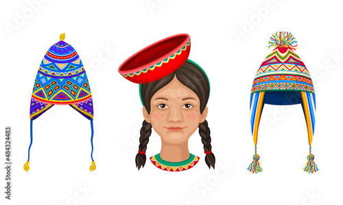 Peru country related symbols set. Headwear with traditional ornament cartoon vector illustration