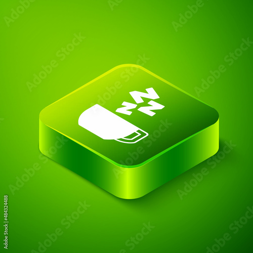 Isometric Chamomile tea icon isolated on green background. A useful therapeutic drink from flowers of chamomile medicinal. Green square button. Vector