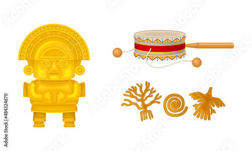 Peru country related symbols set. Wooden totems and Peruvian wooden drum musical instrument cartoon vector illustration