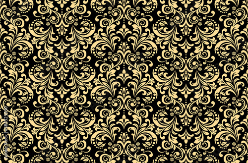 Wallpaper in the style of Baroque. Seamless vector background. Gold and black floral ornament. Graphic pattern for fabric, wallpaper, packaging. Ornate Damask flower ornament