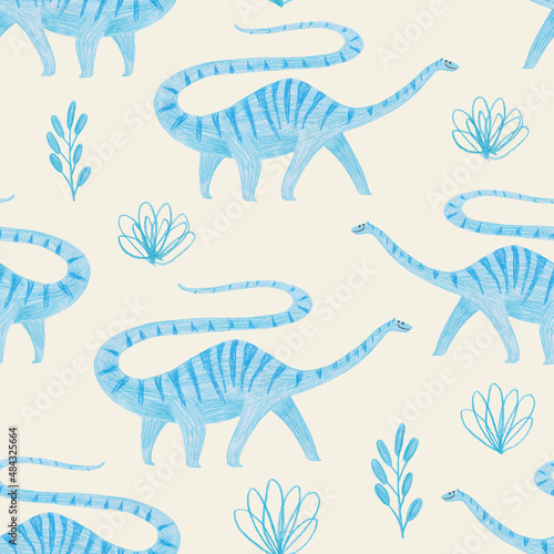 Seamless pattern with funny Diplodocus dinosaurs