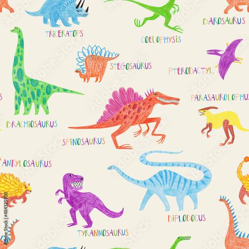 Seamless pattern with funny dinosaurs