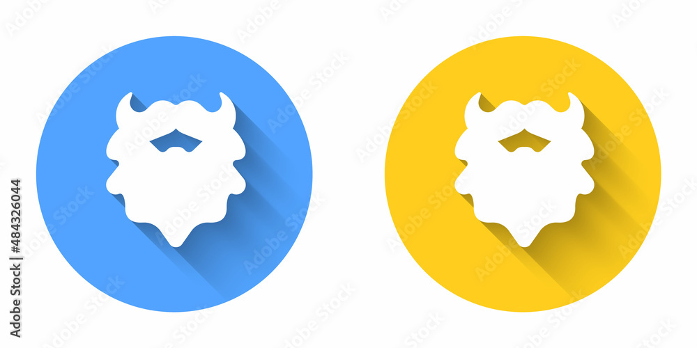 White Mustache and beard icon isolated with long shadow background. Barbershop symbol. Facial hair style. Circle button. Vector