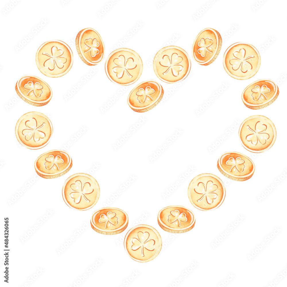 A heart made of gold coins. St. Patrick's Day.Watercolor illustration.Isolated on a white background A heart made of gold coins. St. Patrick's Day.Watercolor illustration.Isolated on a white background