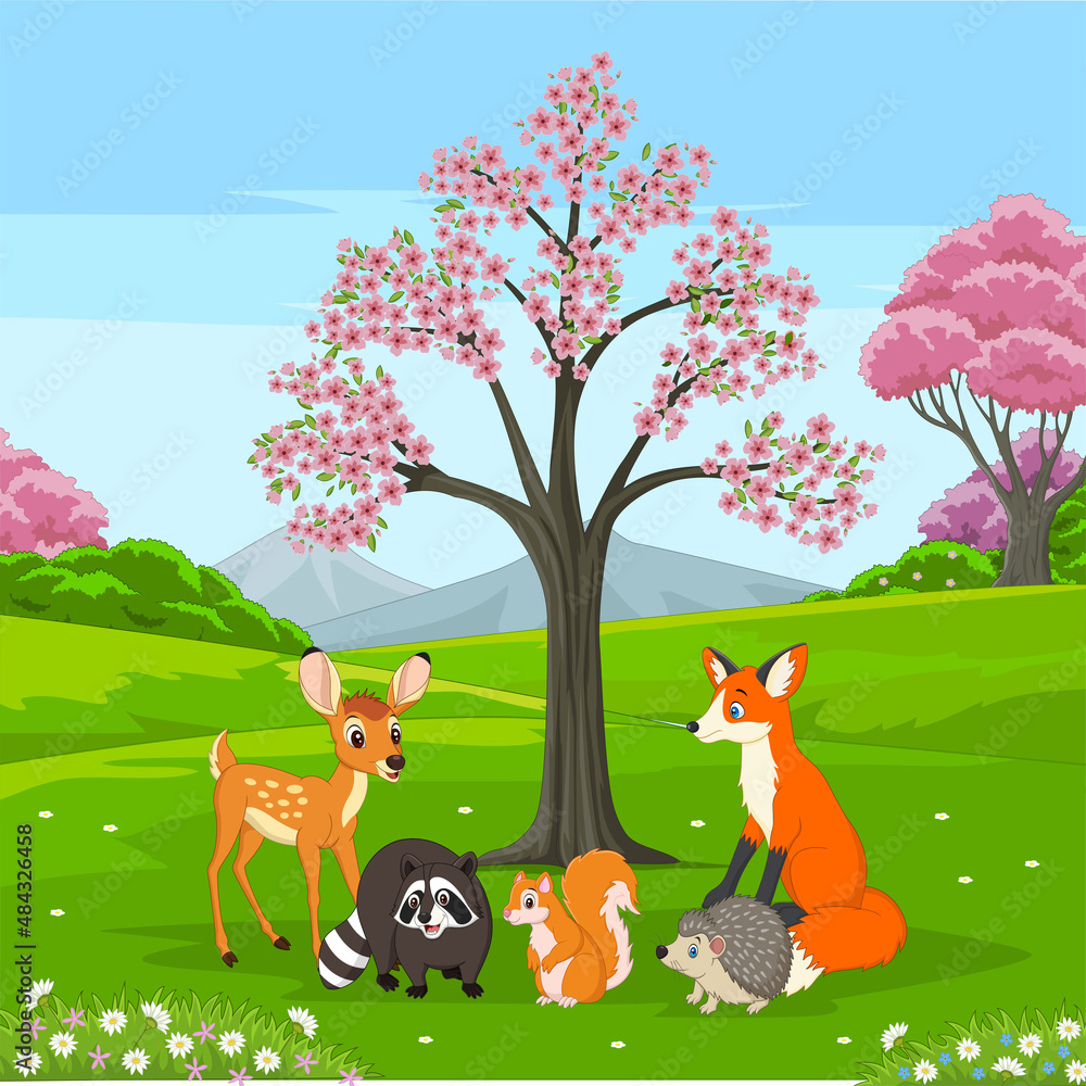 Group of happy animals cartoon in spring forest Stock Vector | Adobe Stock