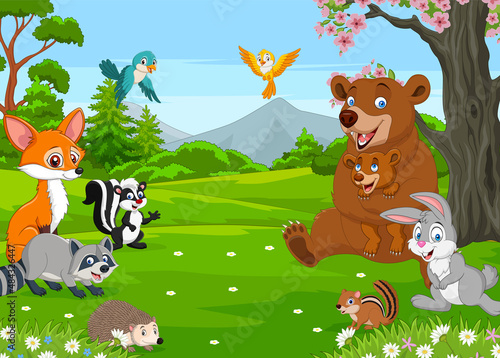 Group of happy animals cartoon in the jungle © tigatelu
