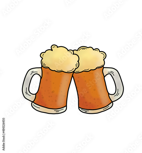 two mugs of beer with foam