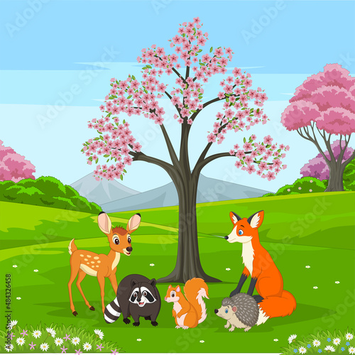 Group of happy animals cartoon in spring forest