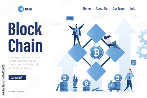 Making profit from blockchain technology, landing page template. Group of traders or investors buy and sell cryptocurrency. Bitcoin mining. Profitable financial instrument.