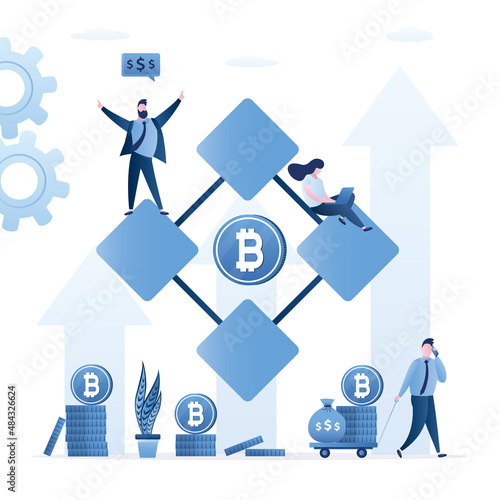 Making profit from blockchain technology. Group of traders or investors buy and sell cryptocurrency. Bitcoin mining. Profitable financial instrument, virtual finance.