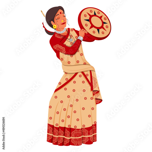 Beautiful Young Woman Holding Tambourine (Dafli) In Assam Traditional Attire.