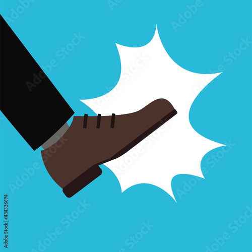 Boot kick. Cartoon male leg. Aggression, mental problems, fighting. Unemployment, dismissal from work.