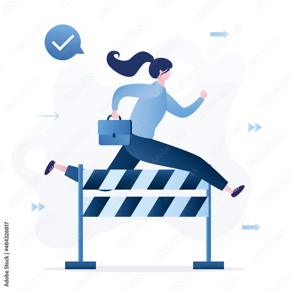 Businesswoman or manager jumps over hurdle. Overcoming obstacles, solving business problems. Skills improvement. Successful employee fast run. Confident female character.