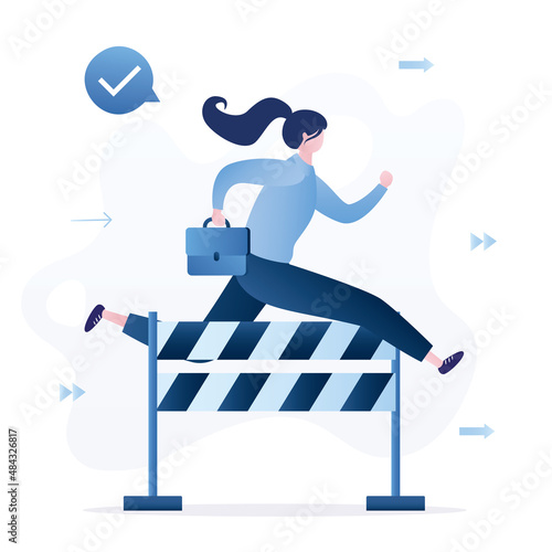 Businesswoman or manager jumps over hurdle. Overcoming obstacles, solving business problems. Skills improvement. Successful employee fast run. Confident female character.