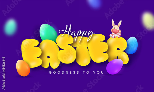 Happy Easter Wishes With Cartoon Rabbit Wearing Face Mask And Colorful Glossy Eggs On Violet Background.