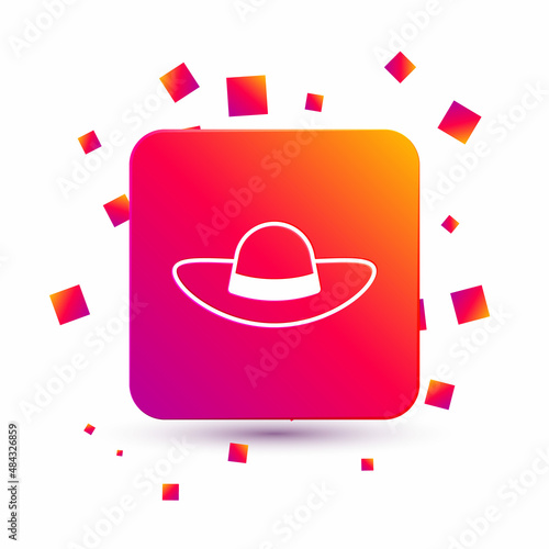 White Elegant women hat icon isolated on white background. Square color button. Vector