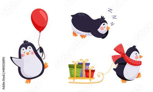 Cute penguin characters set. Adorable penguins playing with red balloon, pulling sledge with gift boxes cartoon vector illustration