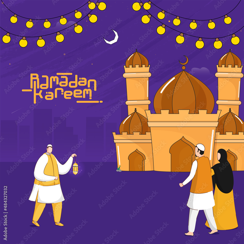 Ramadan Kareem Concept With Cartoon Islamic People In Front Of Mosque, Crescent Moon And Bulb Strings Decorated On Purple Background. Ramadan Kareem Concept With Cartoon Islamic People In Front Of Mosque, Crescent Moon And Bulb Strings Decorated On Purple Background.
