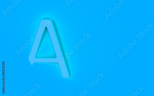 Letter A Is Cyan Blue on Cyan Blue background. Part of letter is immersed in background. Horizontal image. 3D image. 3D rendering.
