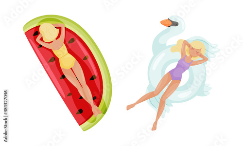 People floating on air mattresses in swimming pool set. Top view of girls relaxing and sunbathing on inflatable swan and watermelon cartoon vector illustration