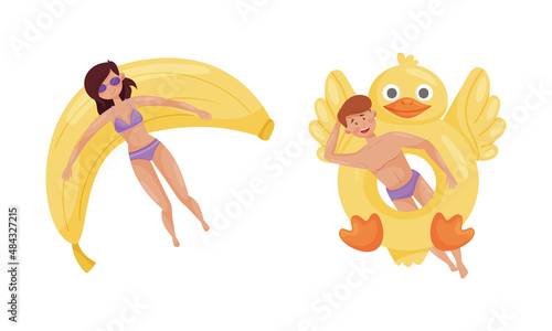 People floating on air mattresses in swimming pool set. Top view of woman and man relaxing and sunbathing on inflatable banana and chicken cartoon vector illustration