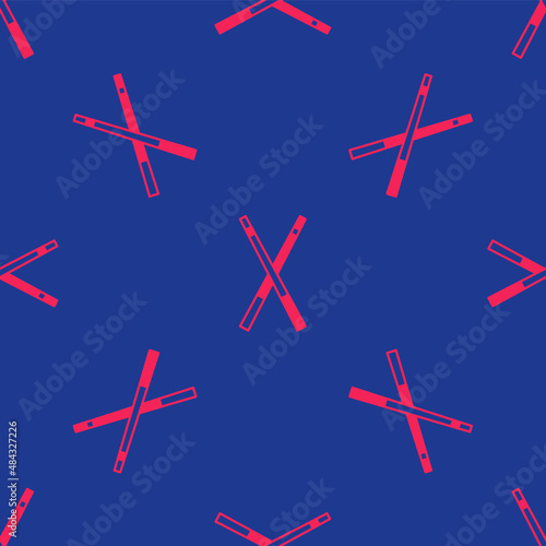 Red Crossed billiard cues icon isolated seamless pattern on blue background. Vector