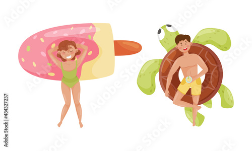People floating on air mattresses in swimming pool set. Top view of girl and guy relaxing and sunbathing on inflatable turtle and ice cream cartoon vector illustration